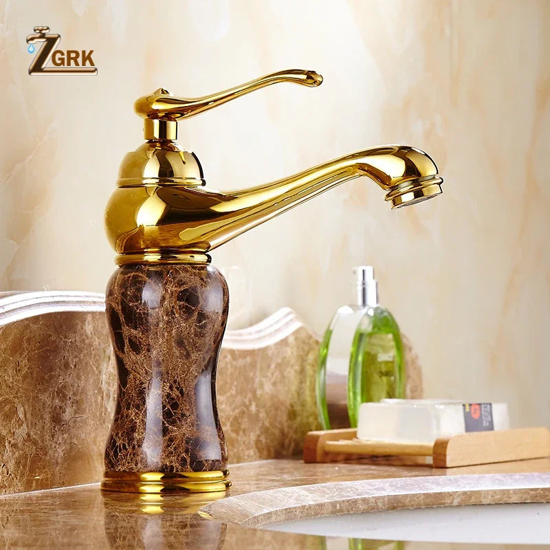 Luxury Golden Faucet Coffee Color Marble Bathroom Sink