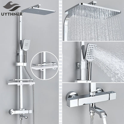 Bathroom Thermostatic Shower Faucet Rainfall Head Wall Mounted
