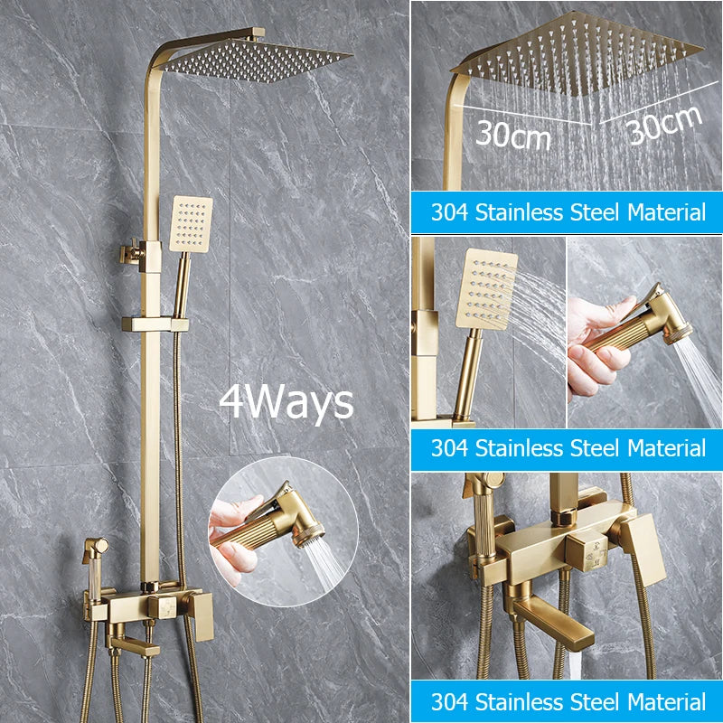 Wall Mount Brushed Gold Bathroom Shower Faucet Bath