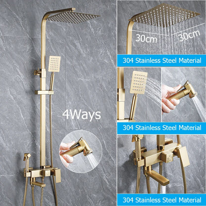 Wall Mount Brushed Gold Bathroom Shower Faucet Bath