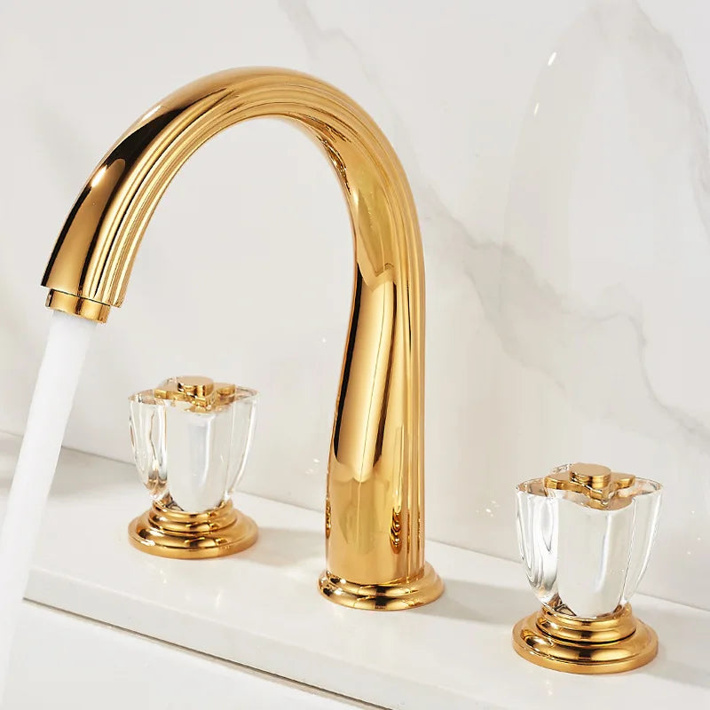 French Brass Bathroom Gold Three-Hole Basin Faucet Cold