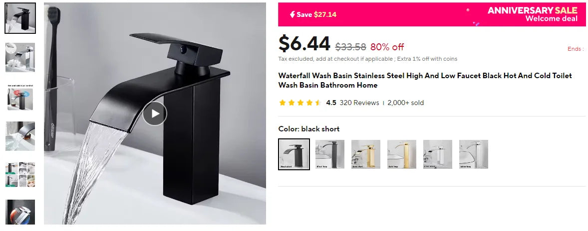 Luxury Black White Gold Waterfall Faucet Cold Pipe