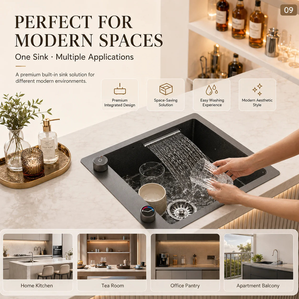 Modern Luxury Waterfall Sink Sus304 Stainless Steel Hidden