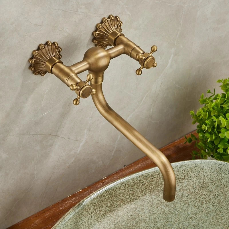 Brass Antique Wall Mounted Washbasin Faucets Double Handle