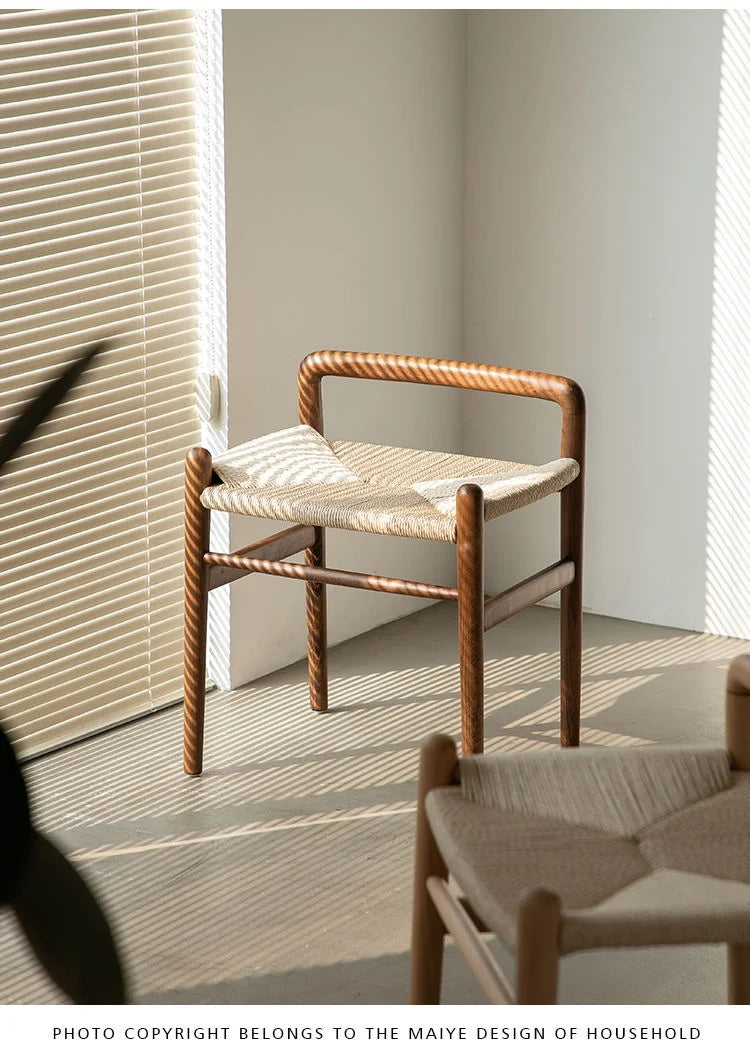 Momo Scandinavian Simple Wood Vanity Stool Rattan Wicker