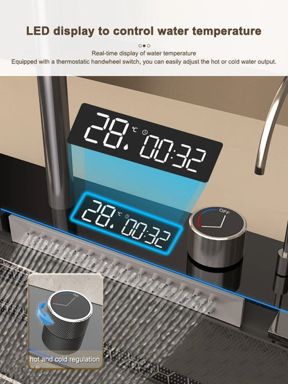 Stainless Steel Waterfall Sink Digital Display Large Slot