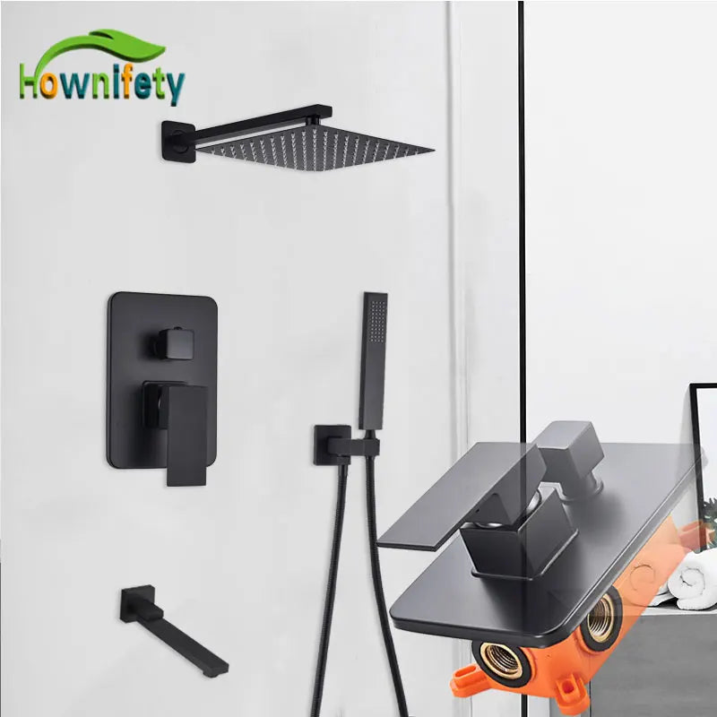 Matte Black Bathroom Shower Faucet Orange Box Rain