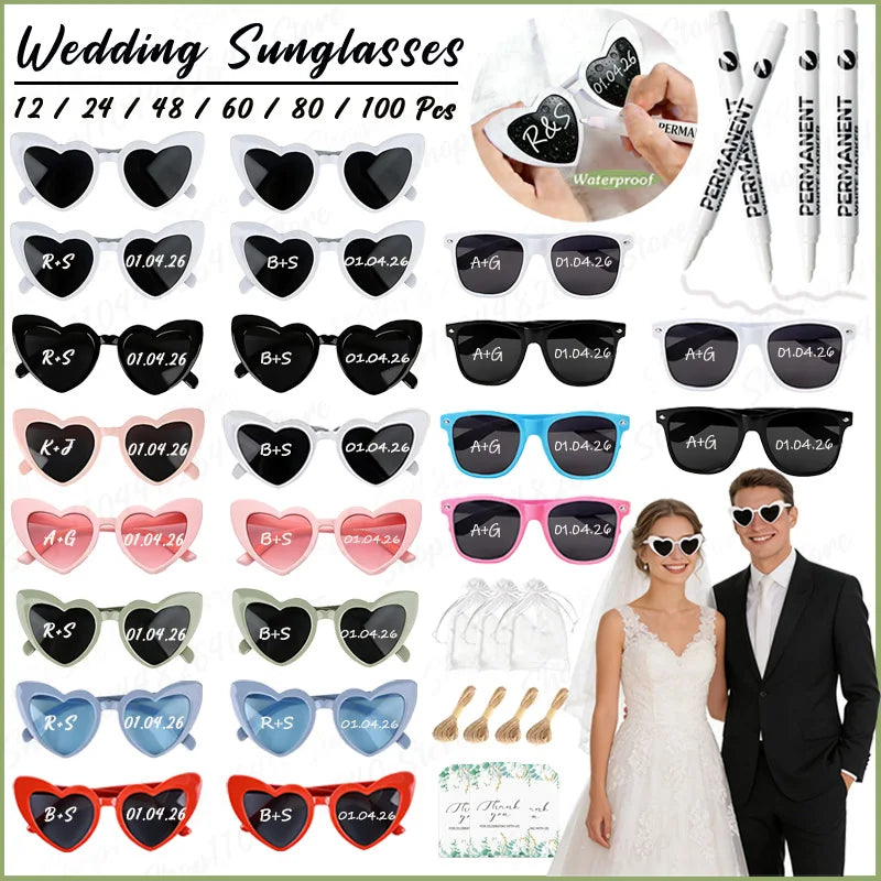 12-100pcs Wedding Sunglasses Guests Heart Shaped Sunglasses