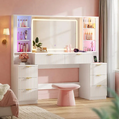 Hauoms Big Vanity Fluted Wood Makeup Vanity Desk