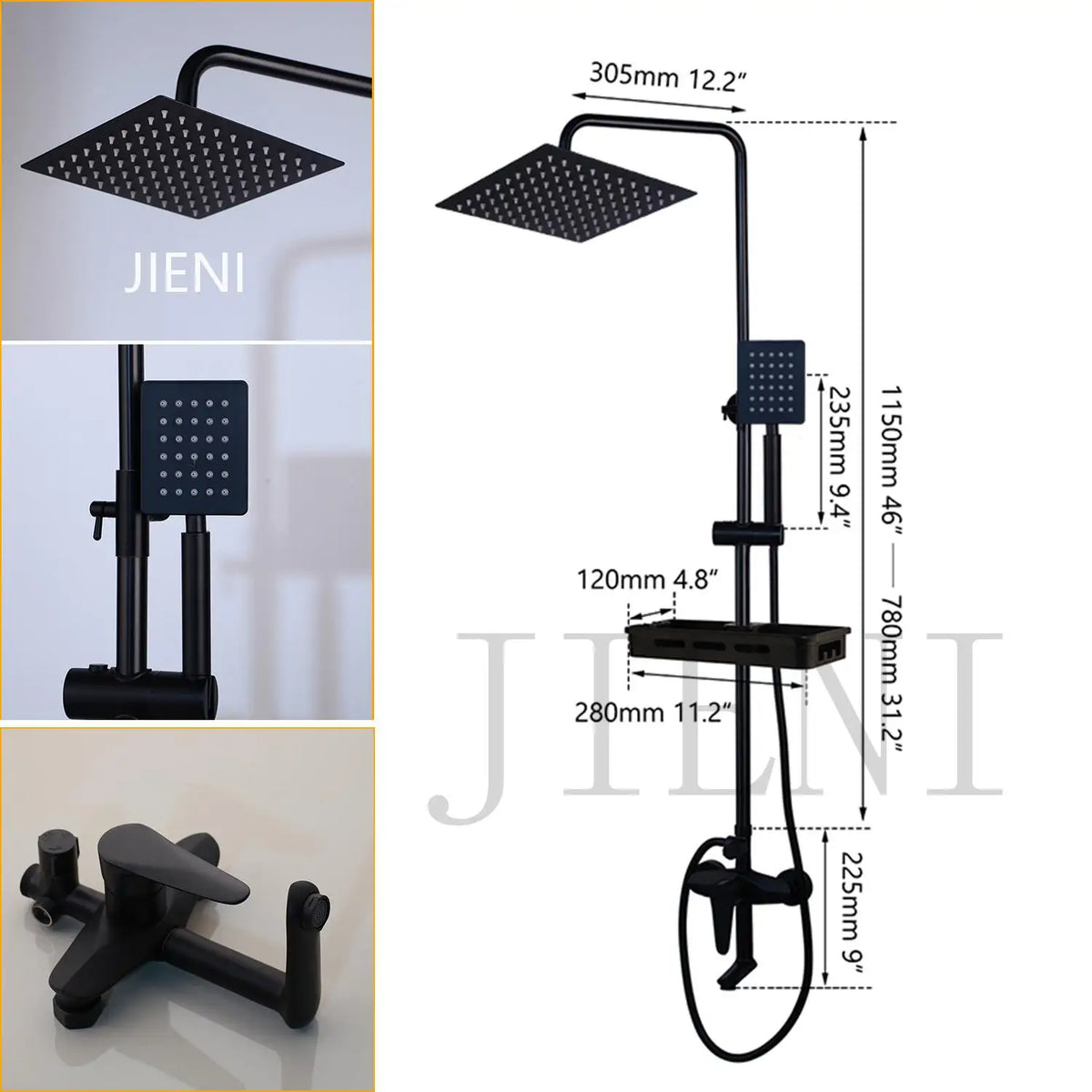 Jieni Matte Black Rainfall Shower Faucet Paint Black