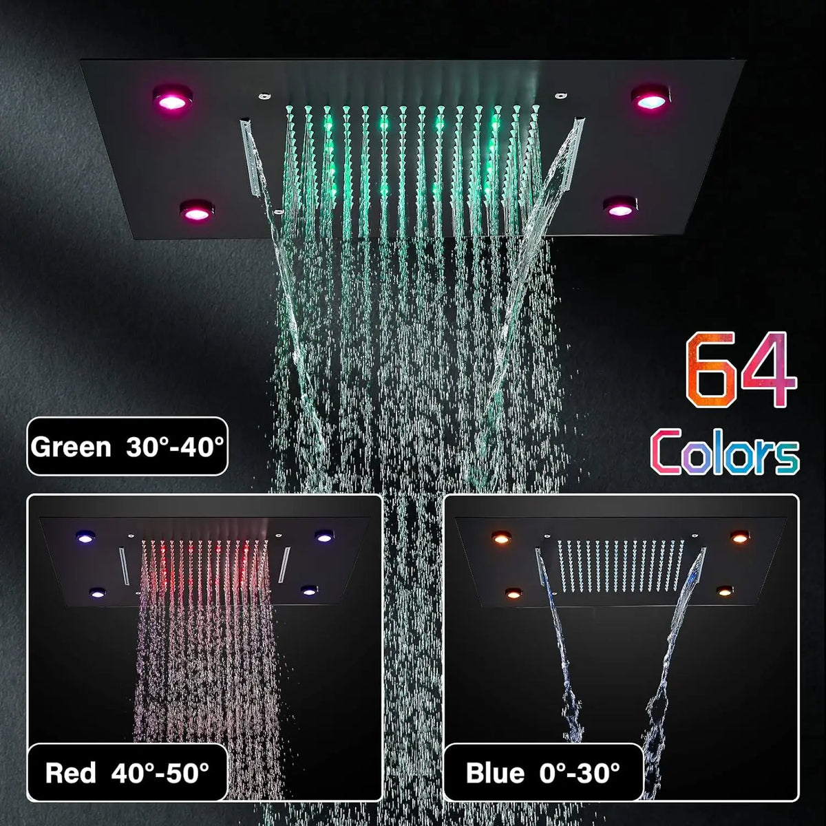 Black Led Thermostatic Bathroom Shower Faucet Rain Waterfall
