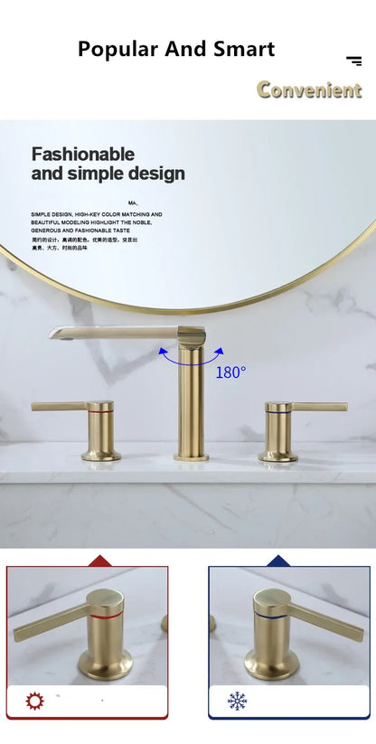 Brushed Gold Bathroom Widespread Basin Faucets Soild Brass