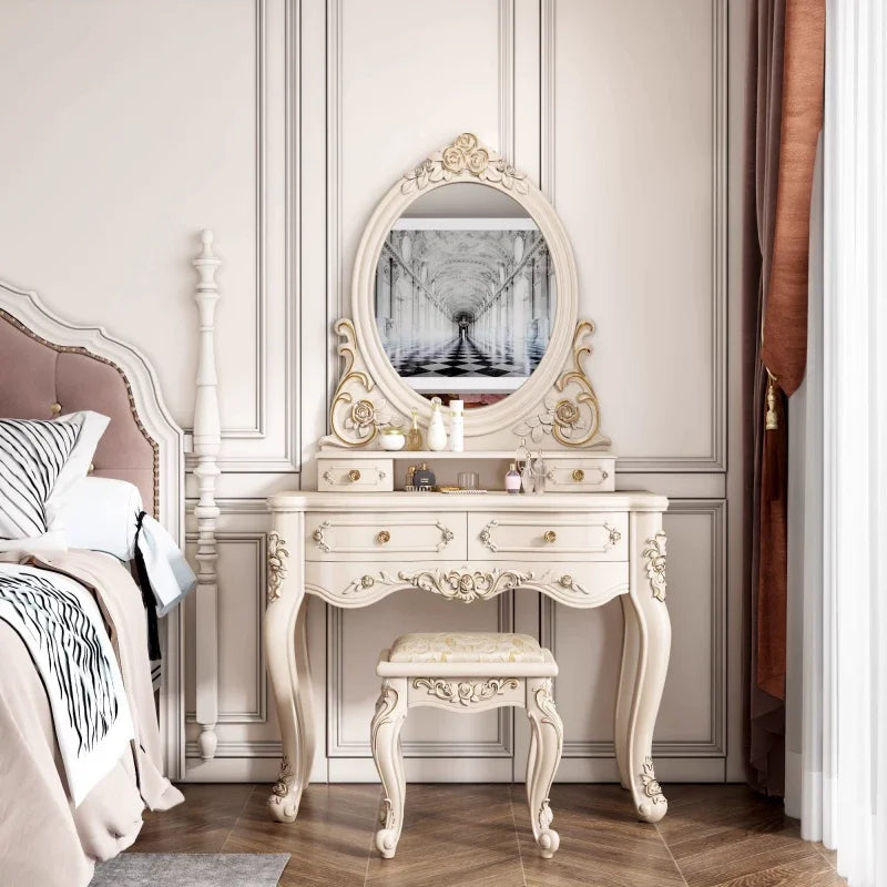 European Dressers Vanity Mirror White Makeup Desk Drawers