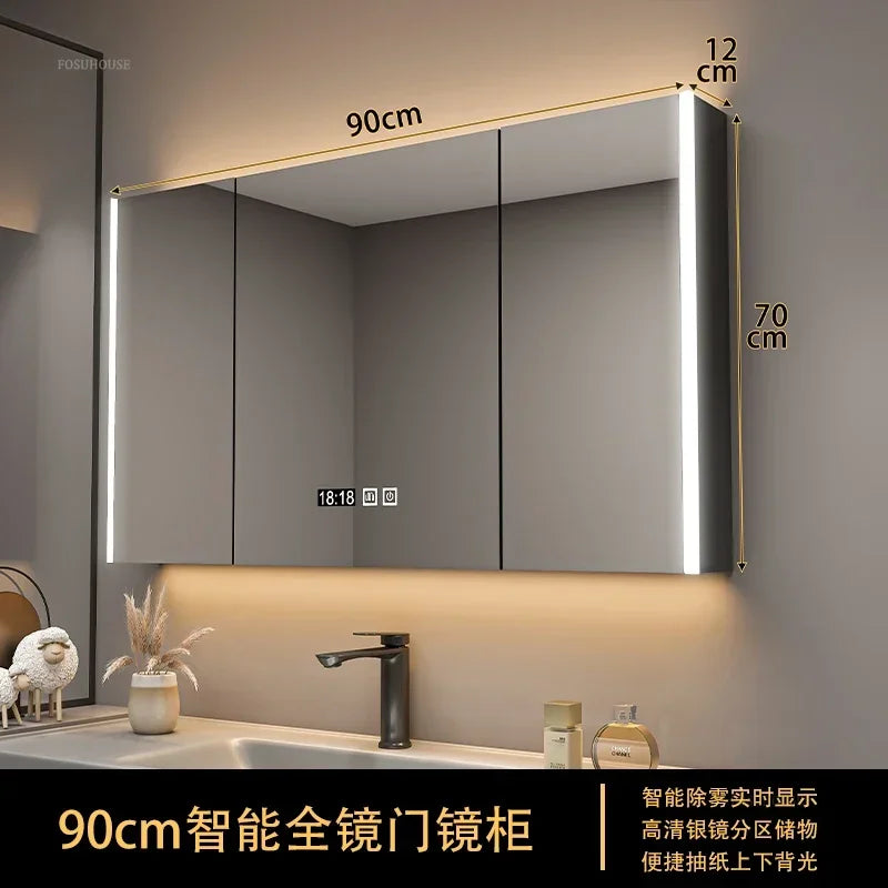 Modern Solid Wood Smart Bathroom Mirror Cabinet Light