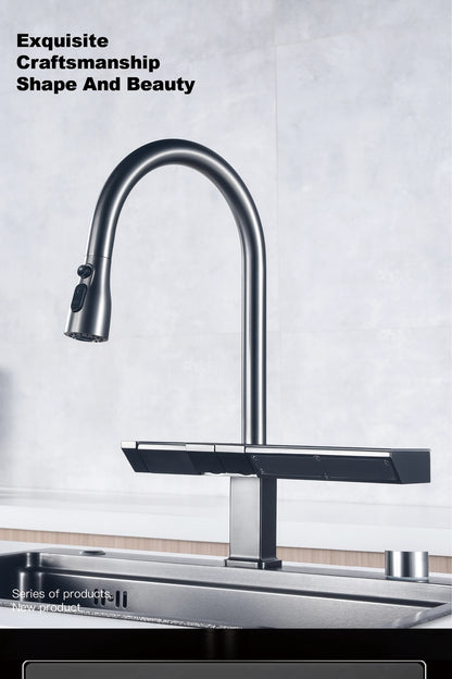 Luxury Digital Display Brass Grey Faucet Pull-Out Design