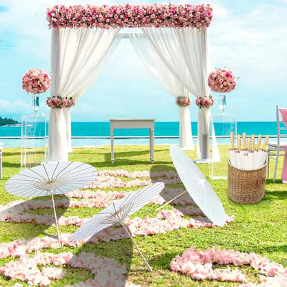 White Wedding Paper Umbrellas 60/80cm Chinese Wooden Handle