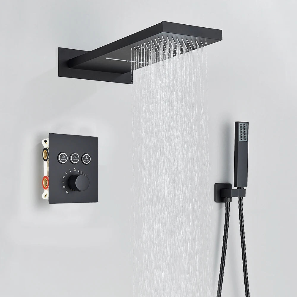 Matte Black Rain Waterfall Shower Thermostatic Mixer Bath