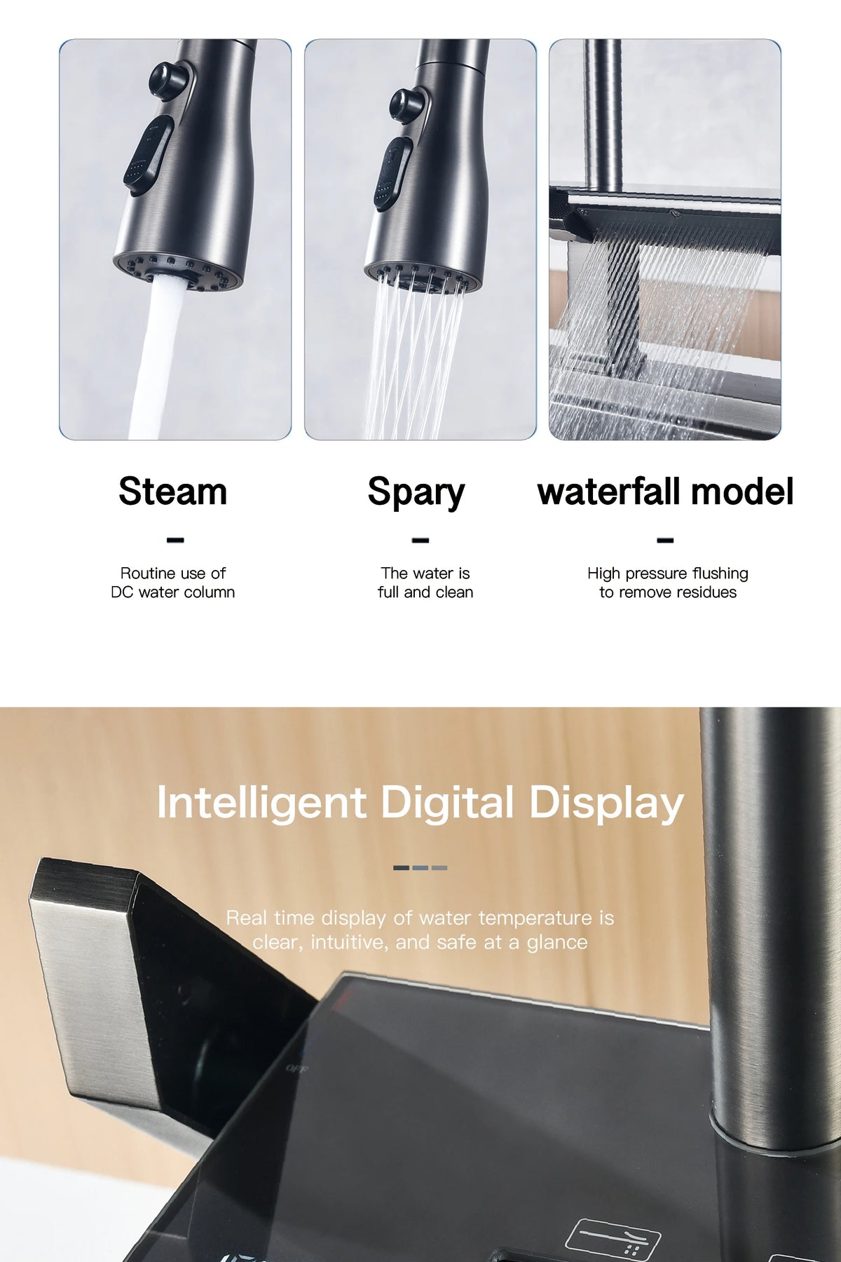 Luxury Digital Display Brass Grey Faucet Pull-Out Design