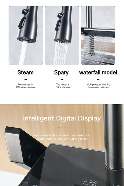 Luxury Digital Display Brass Grey Faucet Pull-Out Design