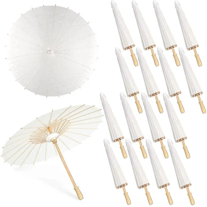White Wedding Paper Umbrellas 60/80cm Chinese Wooden Handle