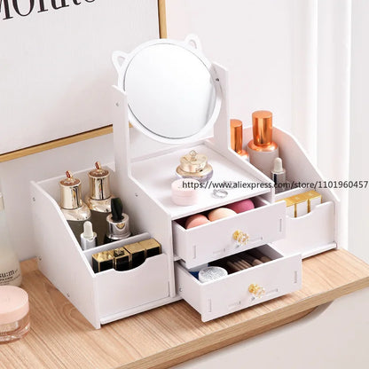 Desktop Drawer-Type Vanity Mirror Storage Box Round Makeup