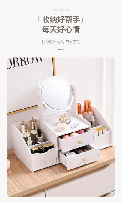 Desktop Drawer-Type Vanity Mirror Storage Box Round Makeup