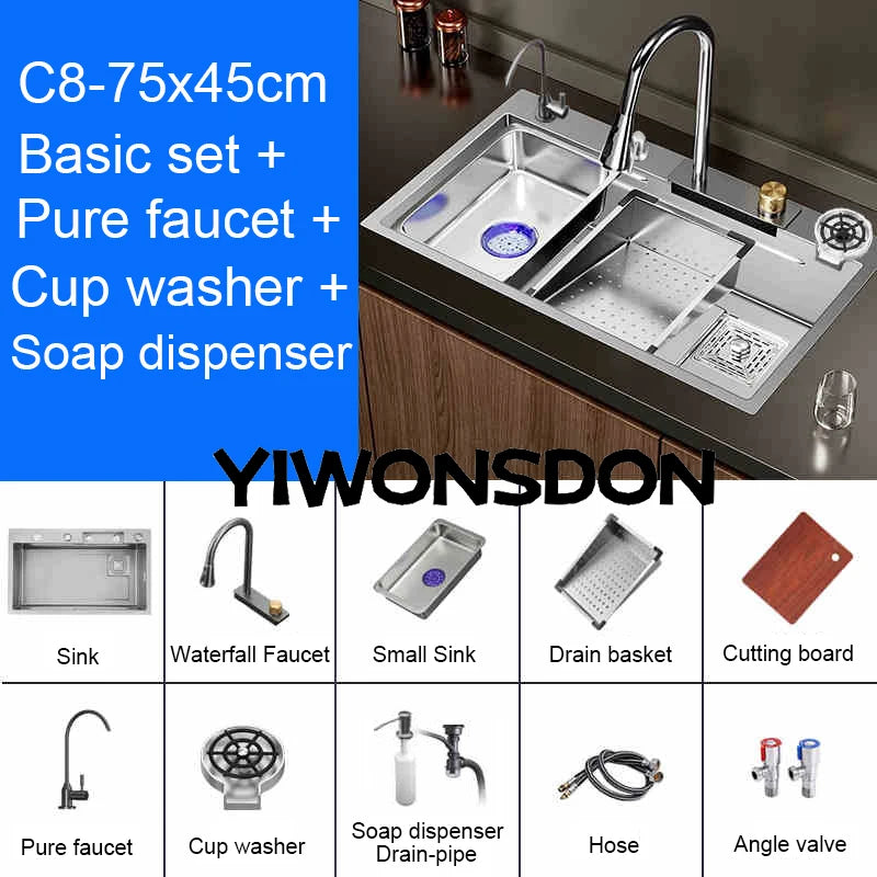 Brushed Nano Sink Waterfall Faucet Large Bowl Cup