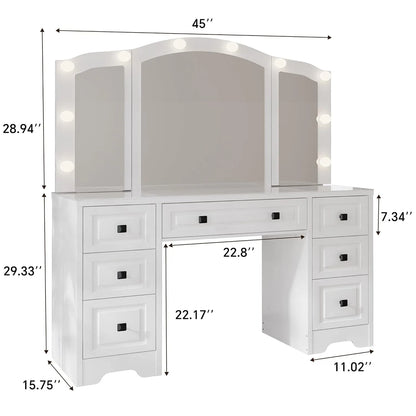 White Retro Lighted Vanity Desk Tri-Fold Mirror Drawers