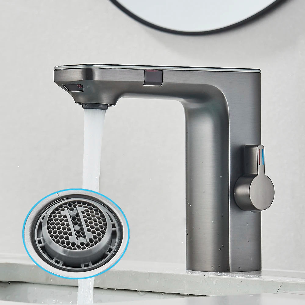 Gray Smart Daul Sensor Bathroom Basin Faucet Cold