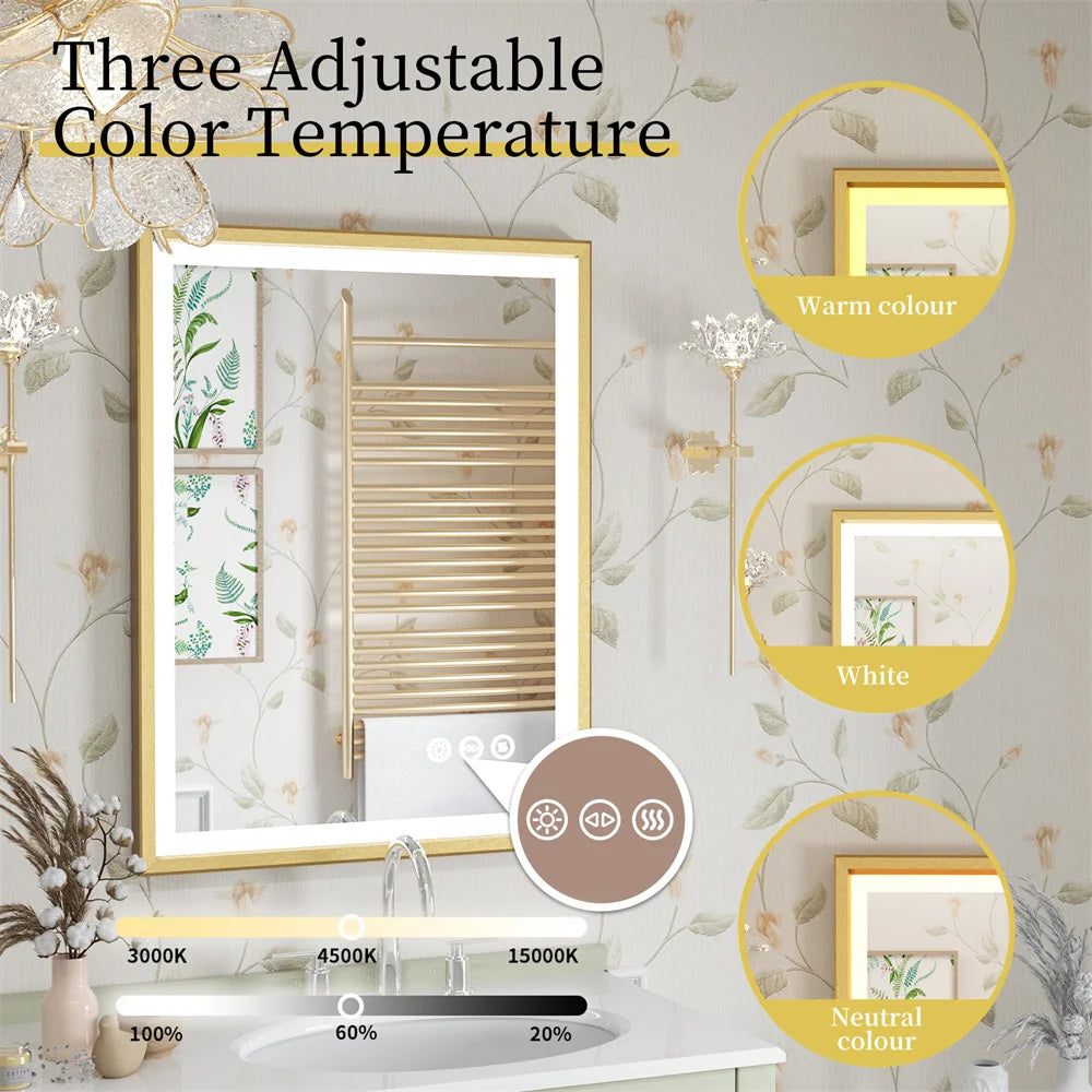 Luvodi Illuminated Bathroom Mirror Gold Frame Wall Mounted