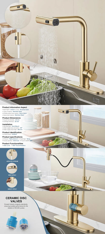 Touch Waterfall Faucet Brushed Gold Cold Pull Out