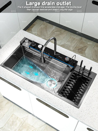 Waterfall Stainless Steel Sink Digital Display Faucet Wash