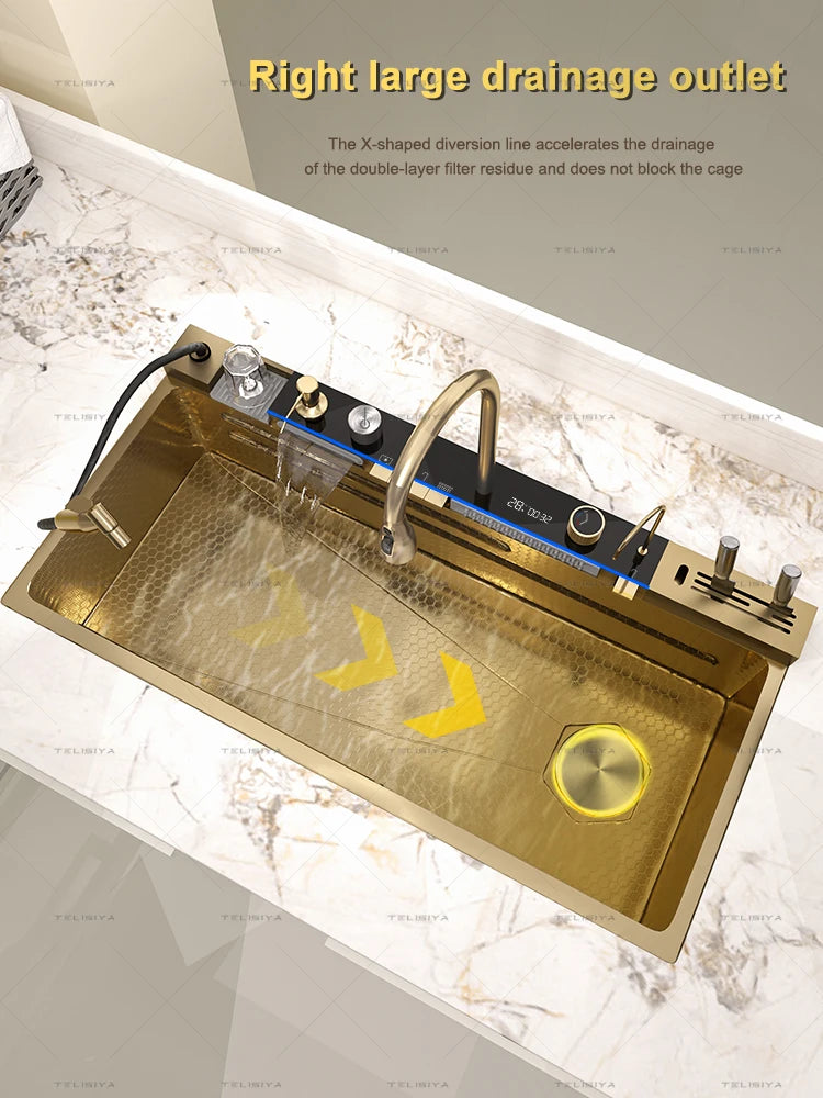Stainless Steel Golden Sink Waterfall Outlet Slot Piano