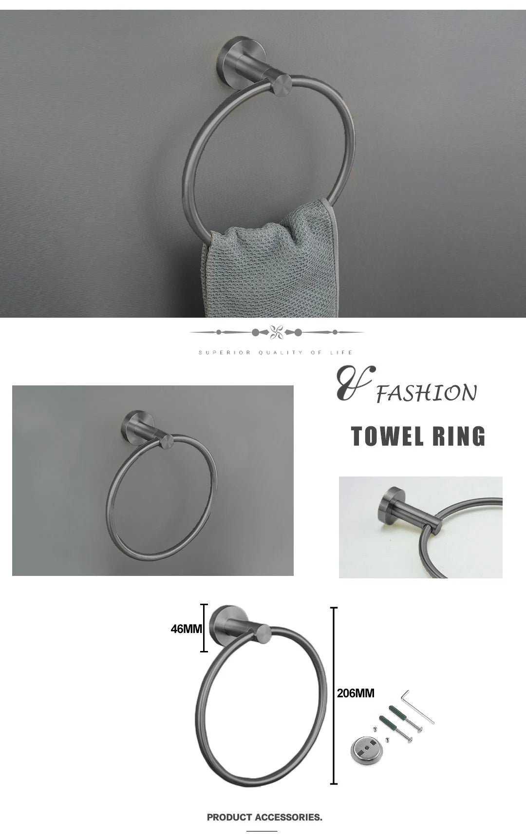 Grey Bathroom Hardware Kit Stainless Steel Round Wall