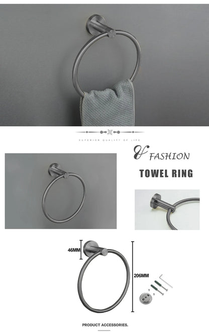Grey Bathroom Hardware Kit Stainless Steel Round Wall