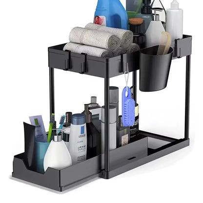 Tier Under Sink Organizer Sliding Storage Rack Hooks