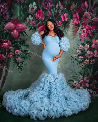 Extra Puffy Blue Maternity Robes Photography Vintage Tiered