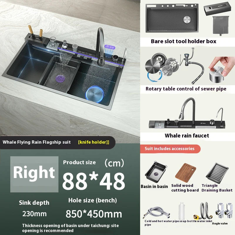 Stainless Steel Sink Digital Display Waterfall Large Slot