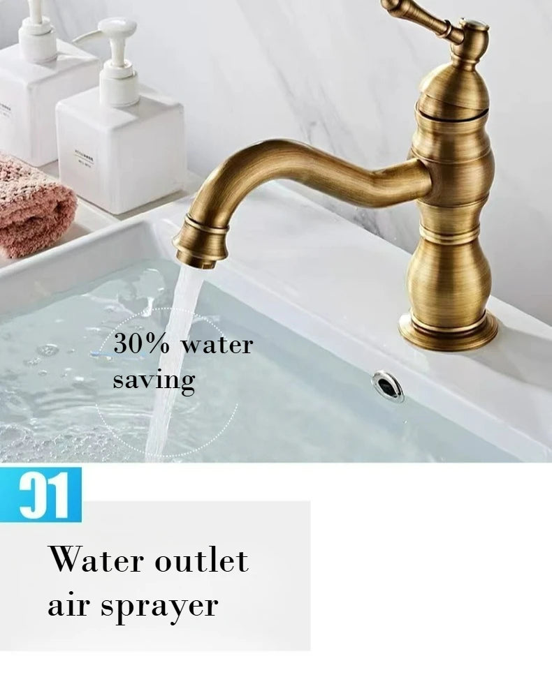 Antique Brass Basin Faucet 360 Rotation Handle Deck