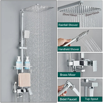 Shower Faucet Rainfall 3/4-Ways Bathtub Tap Bathroom Shelf