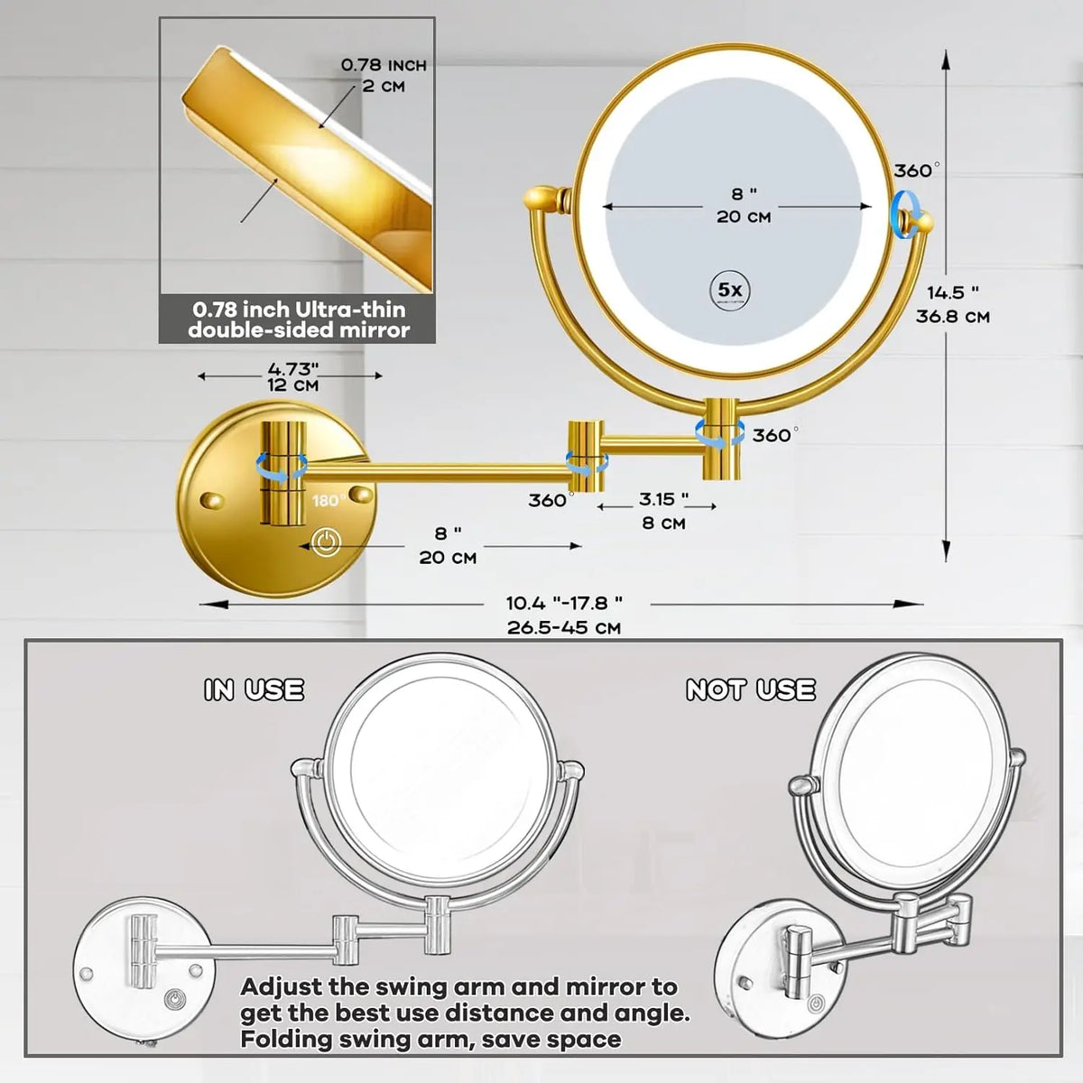 Rose Gold Touch On Led Folding Bathroom Mirror
