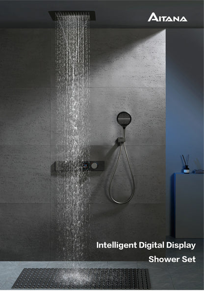 Luxury Gun Gray Brass Shower System Led Digital