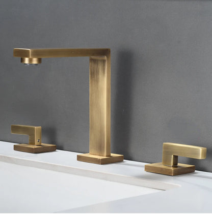 Brushed Gold Basin Faucet Solid Brass Three Hole