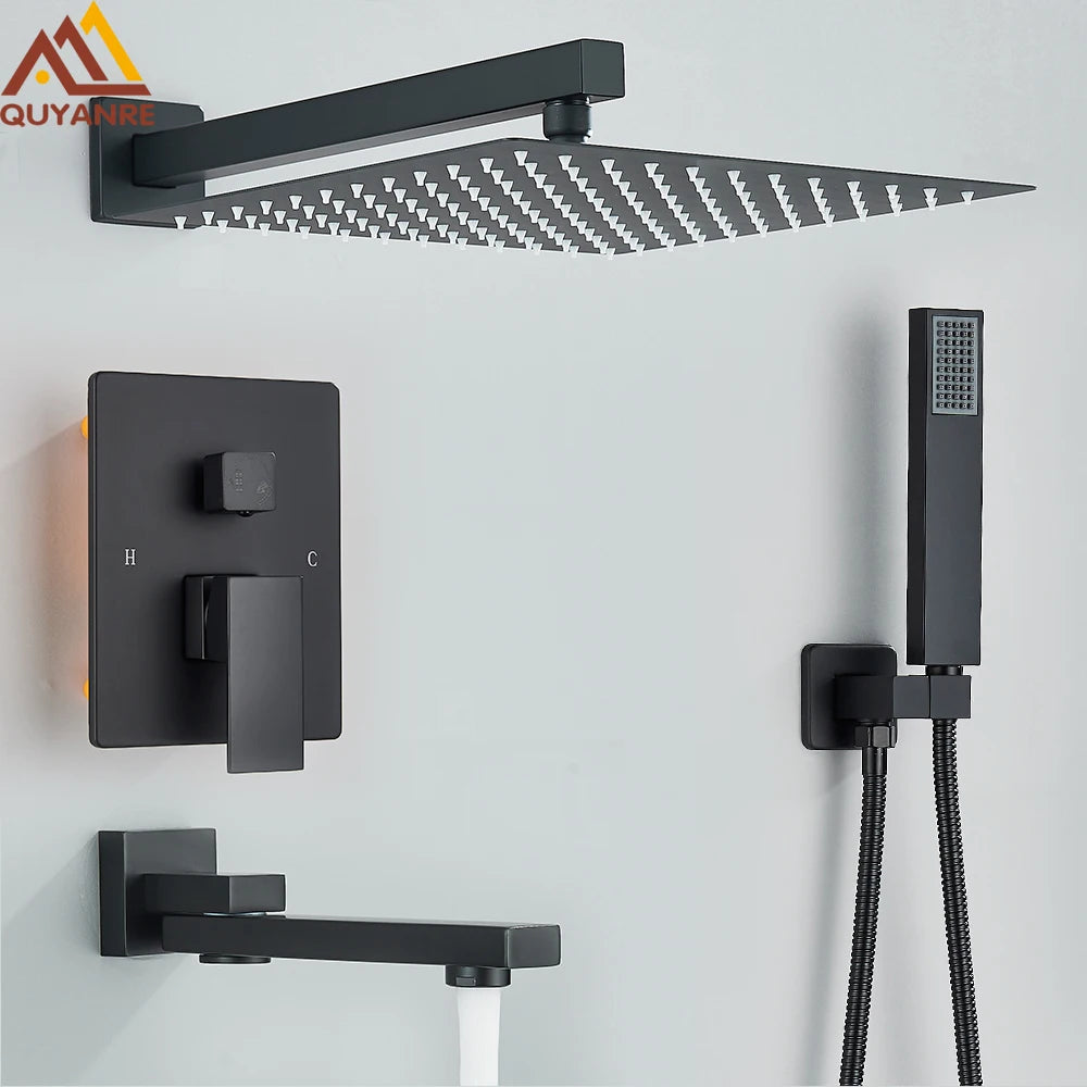 Black Concealed Shower System Rain Waterfall Bathroom Embedded