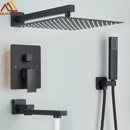 Black Concealed Shower System Rain Waterfall Bathroom Embedded