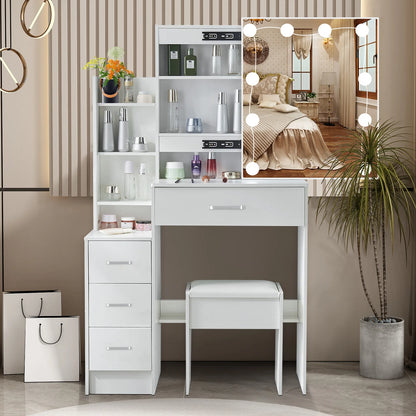 White Makeup Dressing Table W/ Lights Sliding Mirror