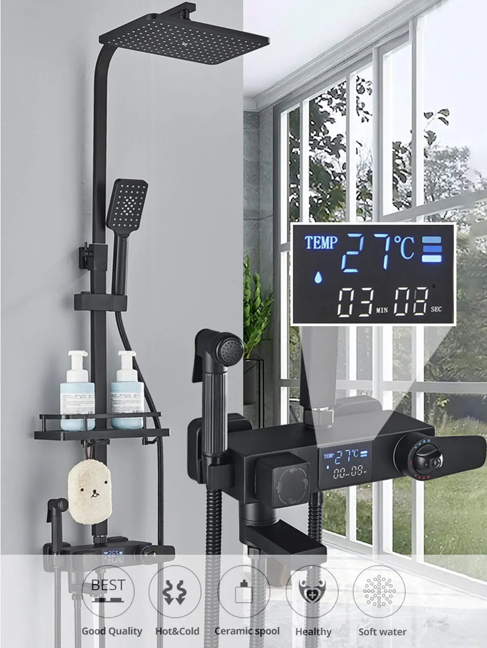 Bath Thermostatic Digital Display Shower Faucet Rain Shower