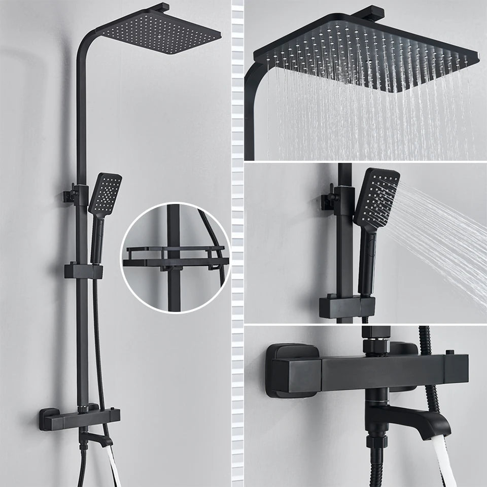 Bathroom Thermostatic Shower Faucet Rainfall Head Wall Mounted