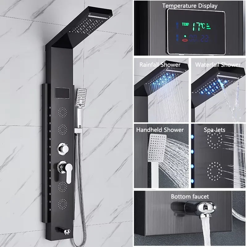 Black/Brushed Stainless Steel 5-Function Waterfall Rain Shower