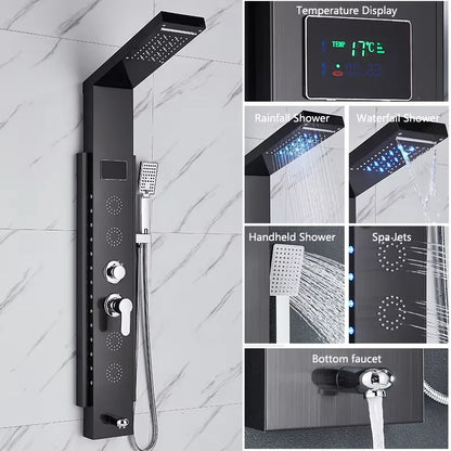 Black/Brushed Stainless Steel 5-Function Waterfall Rain Shower